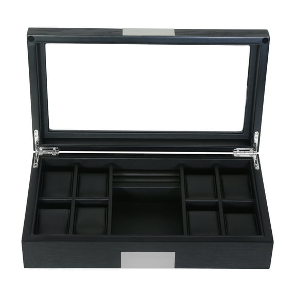 8 Ebony Black Wood Watch Box Display Cufflink Case Storage Jewelry Organizer with Glass Top, Stainless Steel Accents