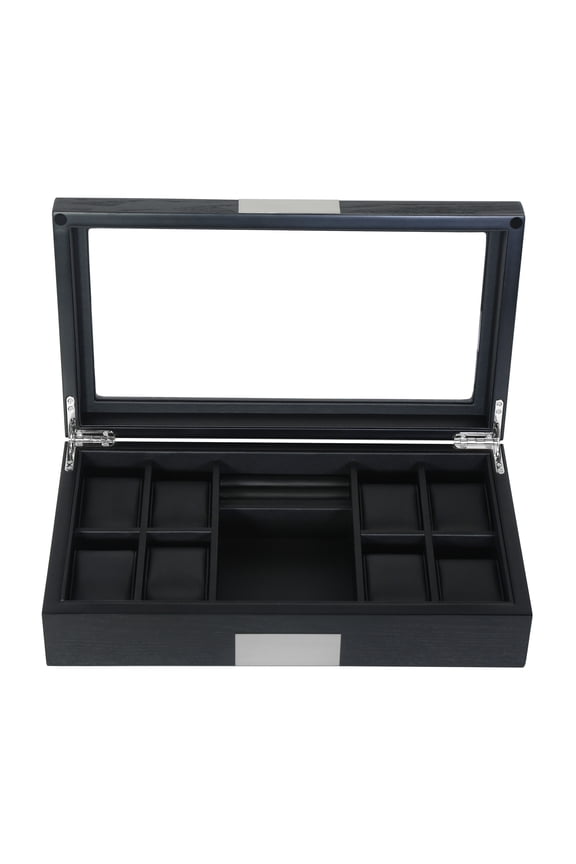 8 Ebony Black Wood Watch Box Display Cufflink Case Storage Jewelry Organizer with Glass Top, Stainless Steel Accents