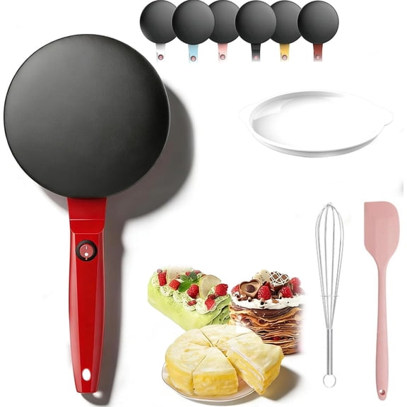 8" Electric Crepe Maker, Portable Nonstick Crepe Pan with Automatic Temperature Control & On/Off Switch, Compact Hot Plate for Crepes, Pancakes, Bacon, Tortilla, Includes Dipping Plate (Red)