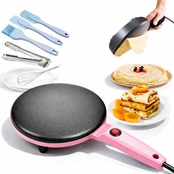 8" Electric Crepe Maker Quick Heat, Nonstick Auto Temperature Control Griddle, Easy Clean Long Handle for Pancakes, Tortillas, Roti & Home Breakfast