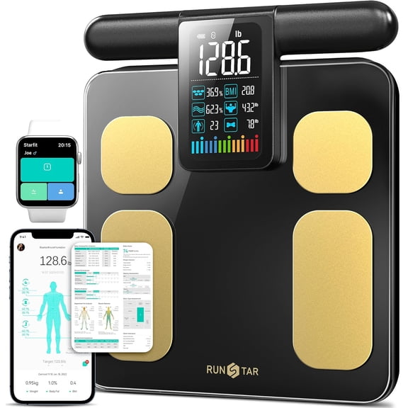 8-Electrode Scale for Body Weight Accurate Composition with BMI Fat Muscle Mass 28 Metrics Rechargeable Analyzer Large Colorful Screen Handle 400lb BlackGold