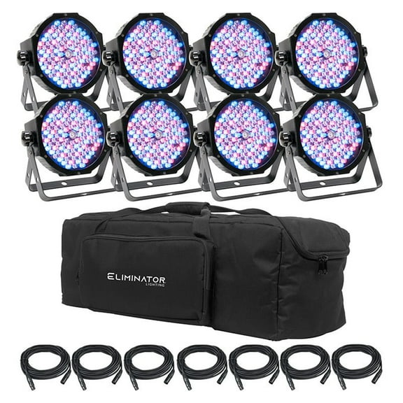 (8) Eliminator American DJ Mega Flat PAK8 EP DMX RGBUV Wash Lights w/ Bag+Cables