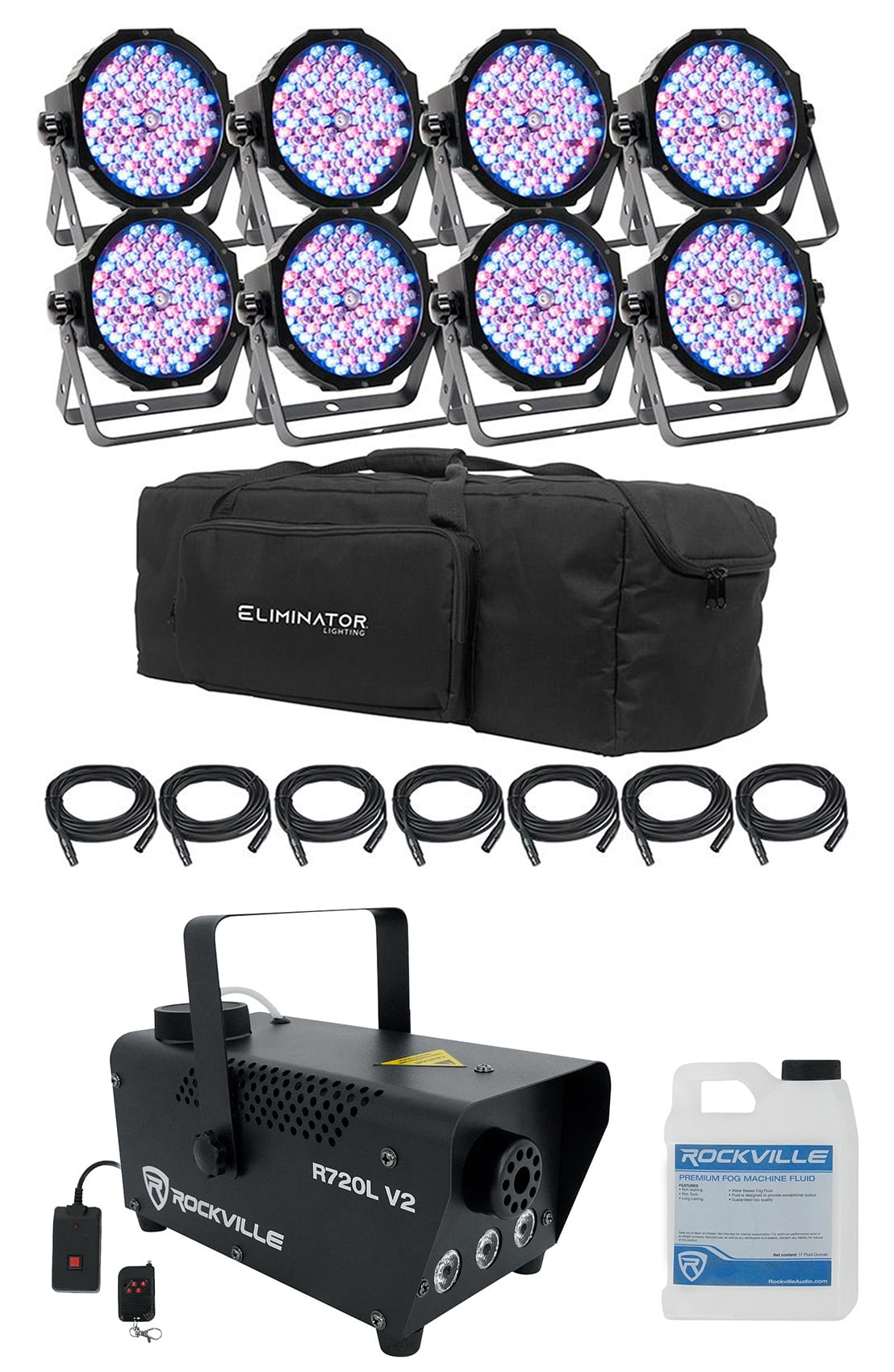 (8) Eliminator American DJ Mega Flat PAK8 EP RGBUV Wash Lights+Bag+ Fog Machine