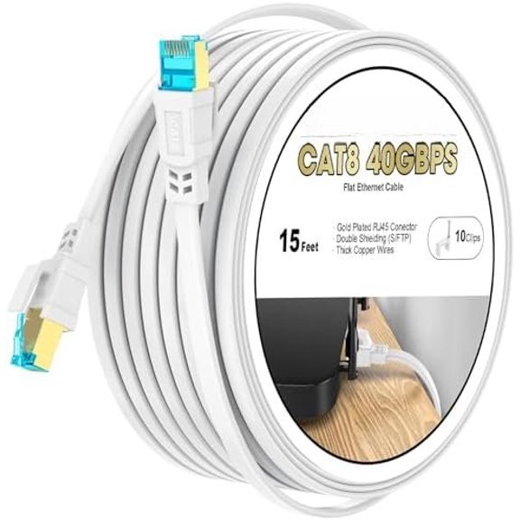 8 Ethernet 15 FT, Heavy Duty High Speed 40Gbps 2000Mhz Internet Network Patch Cord, RJ45 Shielded Flat LAN , Outdoor&Indoor Weatherproof S/FTP for Gaming, Router, Modem