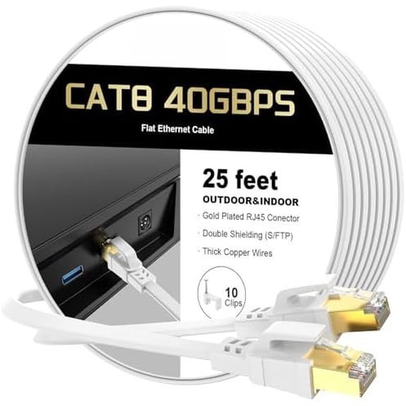 8 Ethernet  25 ft, Heavy Duty High Speed Cat8 LAN Network , 40Gbps 2000MHz RJ45 Flat Internet  Patch Cord, Weatherproof S/FTP  for Gaming/Router/Modem,Outdoor&Indoor
