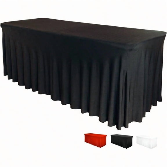 8 FT Black Rectangular Tablecloth Wrinkle Resistant Spandex Fits 96 X 30 X 29 Tables One Piece Fitted Elastic Ruffles Design For Weddings Parties Events