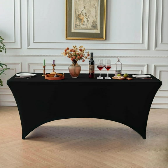 8 FT Black Tablecloth ,Tight, Fitted, Washable and Wrinkle Resistant Stretch Rectangular Patio Table Cover for Event, Wedding, Banquet & Parties 96Lx29.5Wx29.5H Inch