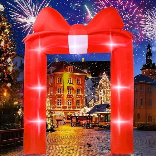8 FT Christmas Inflatable Bow Arch Archway Red Glitter Bowknot Blow Up Archway Christmas Square Blow Up Yard Inflatables Lighted Bow Self-Inflating Arch for Valentine's Day Lawn Yard Garden Outdoor