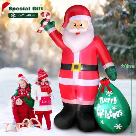 8 FT Christmas Inflatable Santa Claus with  and Big Gift Bag Outdoor Decor, Blow Up IP44 Weatherproof Xmas Decorations for Yard, Built-in LED Light for Garden Lawn Indoor Winter Holiday