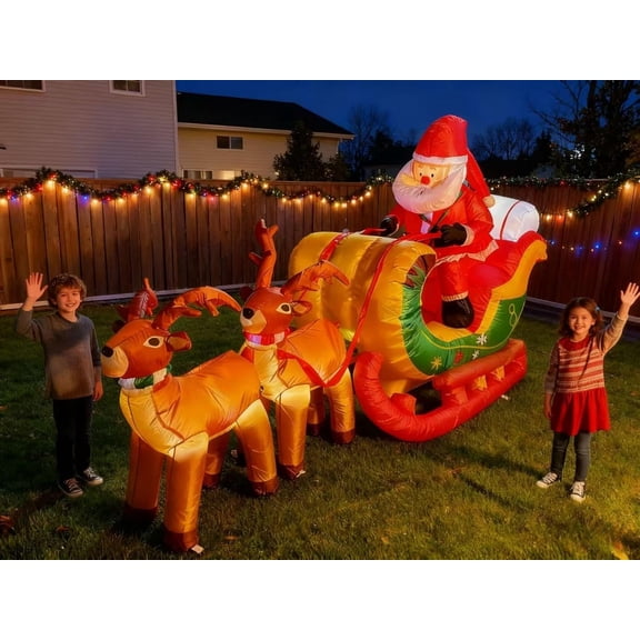 8 FT Christmas Inflatables Santa Claus in Sleigh with Two Reindeer Outdoor Decorations Blow Up Yard Santa Claus with Built-in LEDs for Indoor Christmas Holiday Party Garden Lawn Decor