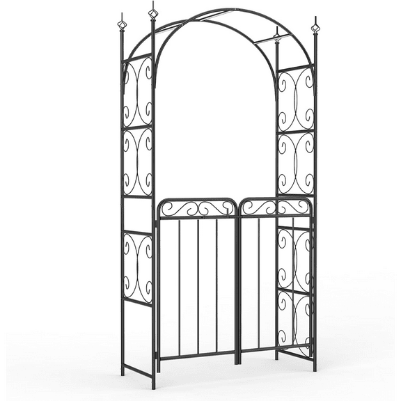 8 FT Garden Arch Arbor,Metal Wedding Archway with Gate,Black Steel Arbor Trellis for Climbing Vines, Wedding Ceremony Decoration
