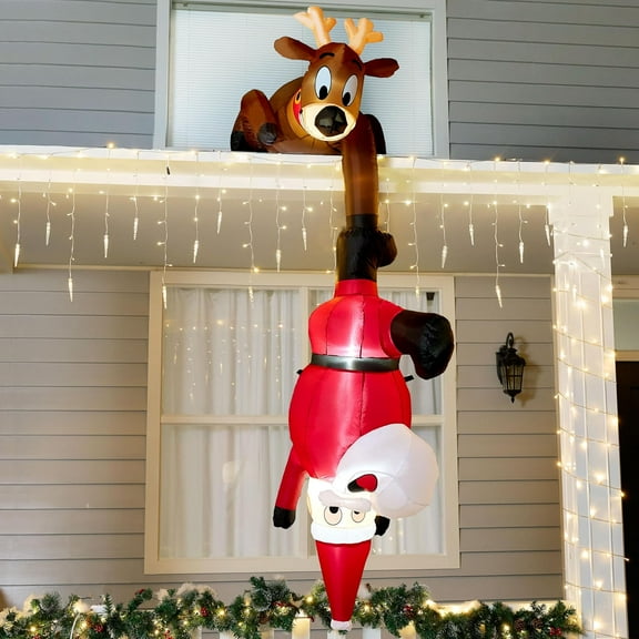 8 FT Hanging Christmas Inflatables Decoration, Christmas Inflatable Reindeer and Climbing Santa, Blow Up Santa with Build-in LED for Xmas Party Indoor, Outdoor, Yard, Garden, Lawn Decor