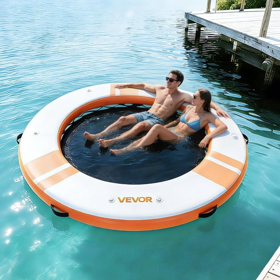 8 FT Inflatable Floating Dock Platform, Round Non-Slip Water Mat with Ladder & Pump, for Pool, Beach & Ocean