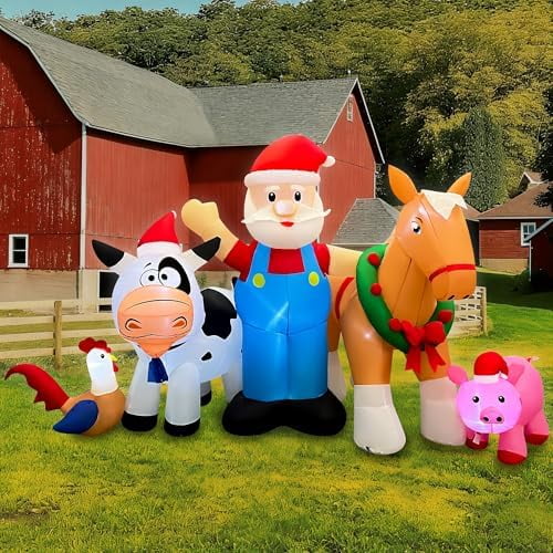 8 FT Long Christmas Inflatable Santa Farm Scene Decoration, LED Lighted Blow Up Xmas Santa Claus with Horse Pig Cow and Rooster Decor for Farm Yard Garden Home Indoor Outdoor Holiday Party