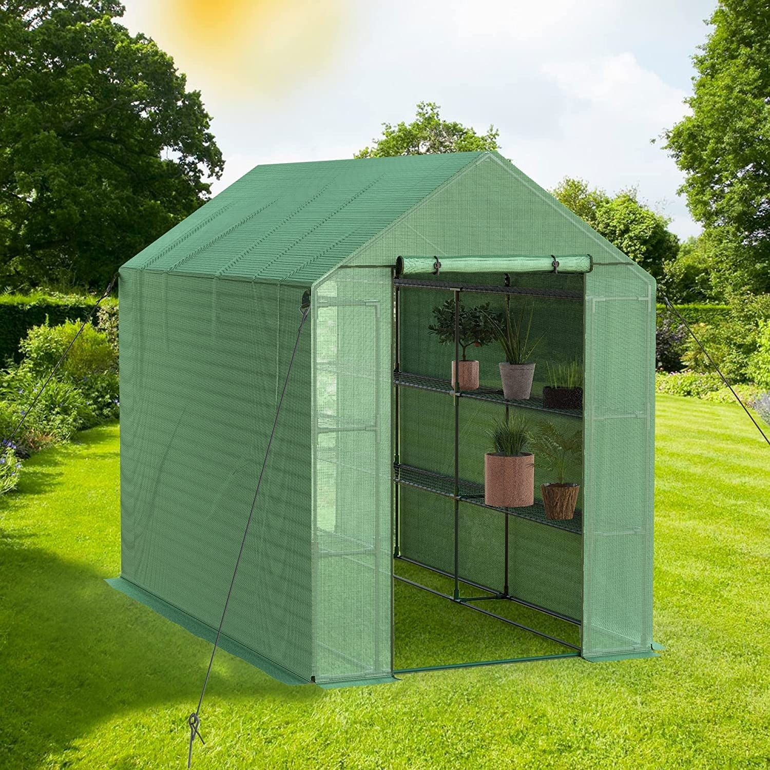 8-Foot Green Pop-Up Walk-In Greenhouse with Shelves