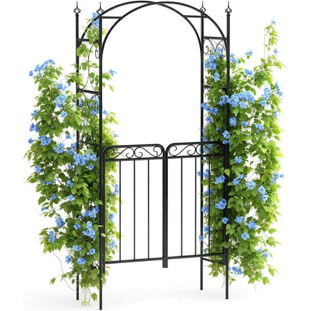 8 FT Metal Garden Arch with Gate, Elegant Wedding Archway for Ceremony Decor, Steel Arbor Trellis for Roses, Vines, and Climbing Plants, Perfect for Patio, Lawn, and Backyard, Black
