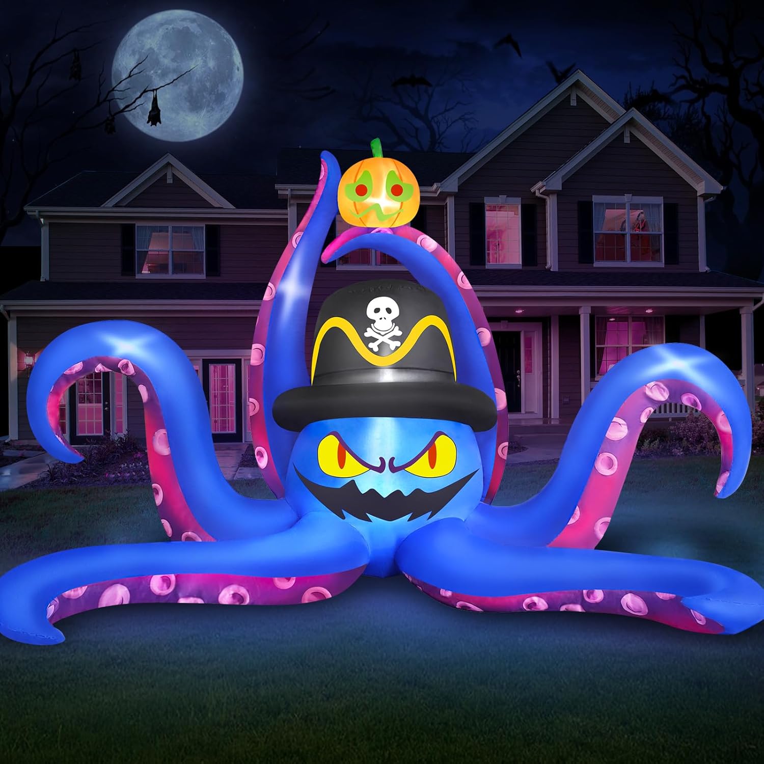 8 FT Octopus Halloween Inflatables Outdoor Decoration with Pirate Hat