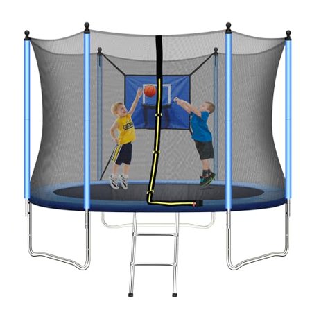 8 FT Outdoor Trampoline, Fitness Trampoline with Hoop, 2 Steps Ladder and Safe Enclosure Net, Recreational Trampoline for Children, Adults, Outdoor, Park, Kindergarten, Backyard