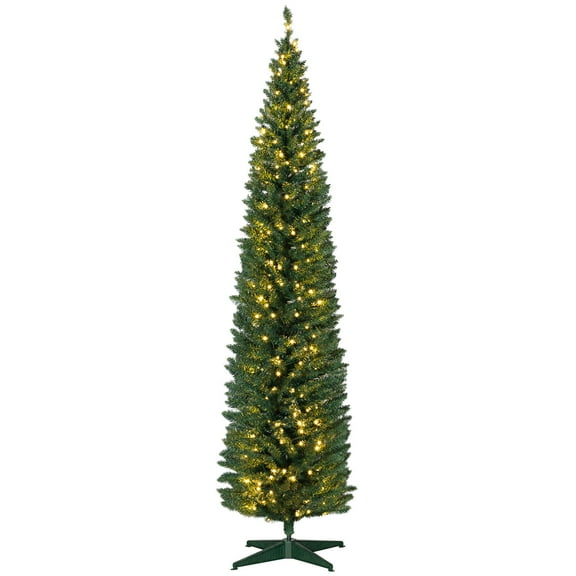 8 FT Pencil Christmas Tree, Slim Artificial Christmas Tree with Realistic Branches and Warm White LED Lights, Green, by Miaoweii