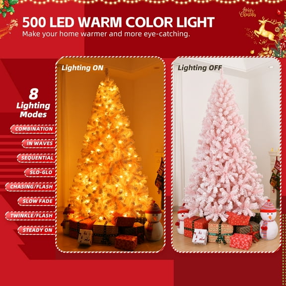 8 FT Pre-lit Snow Flocked Christmas Tree, Artificial Hinged Xmas Pine Tree with 1250 Branch Tips, 500 Lights and Remote Control for Holiday Party Office Home, Snowy Pink