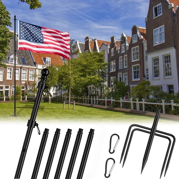 FIASON 1 Pack 8 FT Black Flag Pole,Stainless Steel Tangle Free Heavy Duty with 5 Pronges Base for Outside House Ground,Commercial Flagpole Kit or Garden Flag Pole Holder,Without Flag