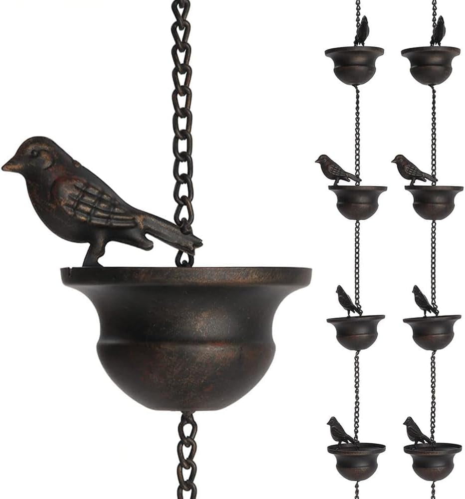 8 Feet Birds on Cup Mobile Rain Chain Mobile Bronze Decorative Bird ...