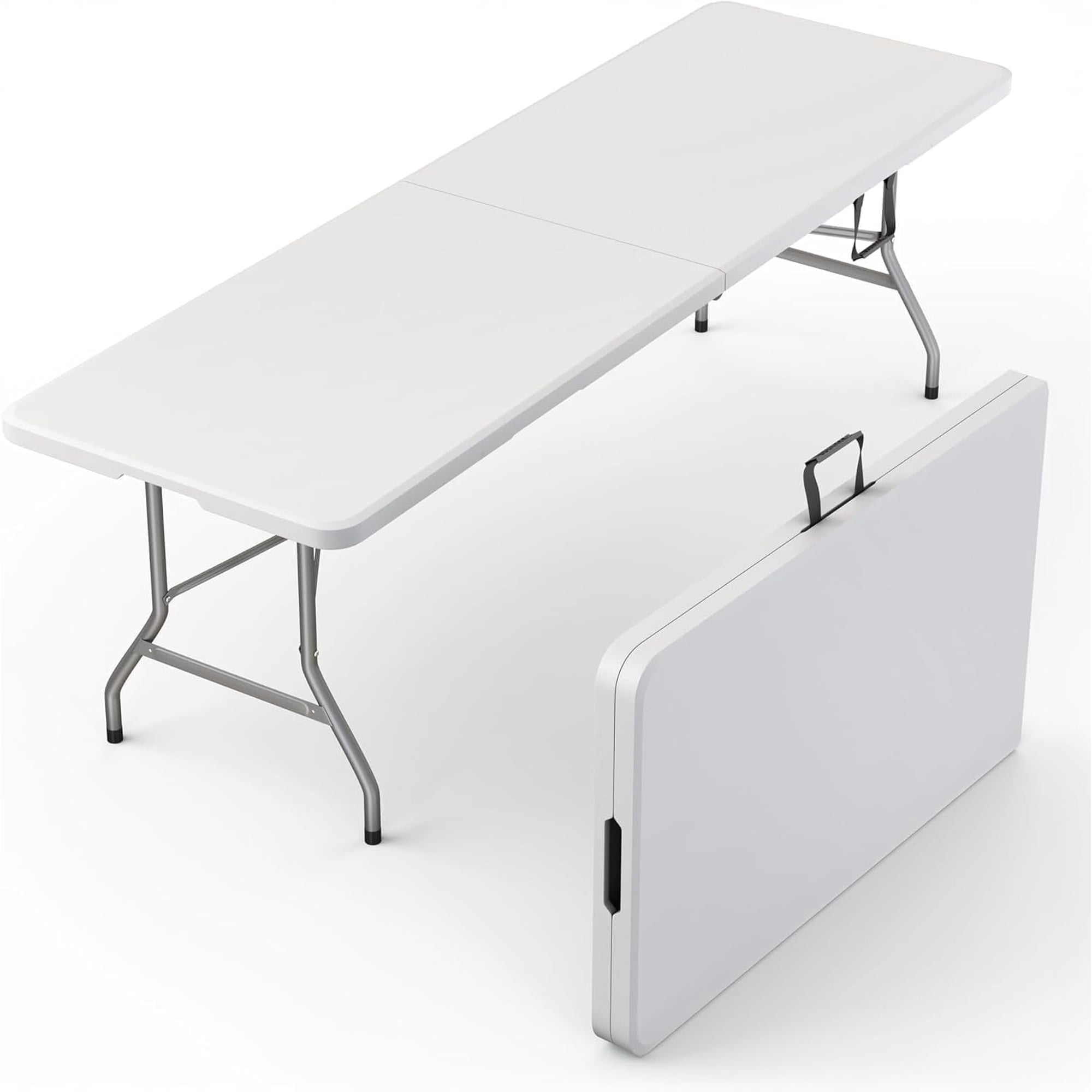 8 Feet Foldable Table with Built in Handle & Steel Legs | Heavy Duty Portable | Perfect for Party, Dining, Wedding, Events, Picnic Indoor, Outdoor, Camping, Utility, Temporary （White）