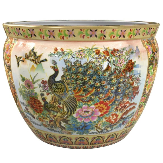 Red Lantern 8" Satsuma Peacock Porcelain Fishbowl Planter