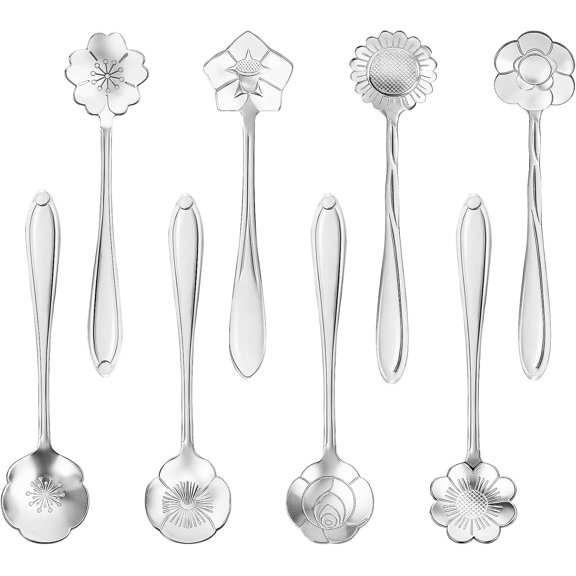 8- Flower Spoon Set, Stainless Steel Coffee & Dessert Spoons for Stirring, Creative Fancy Tableware for Party, Cafe, Bar, Kitchen, and Decor (Silvery)