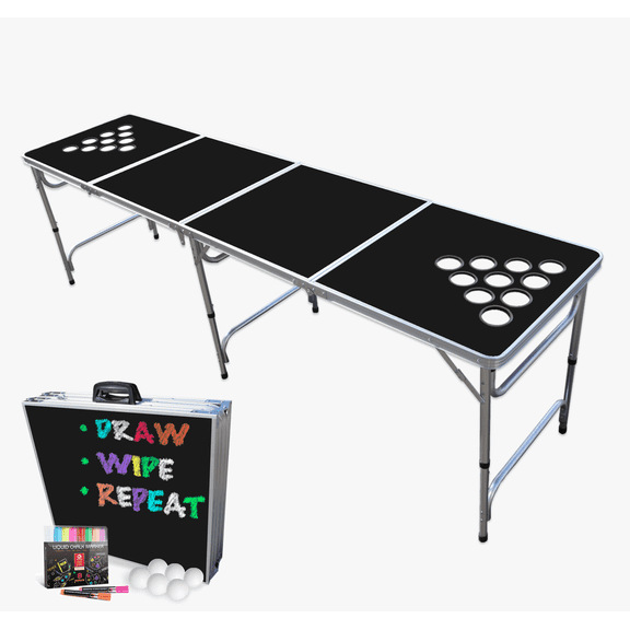 8-Foot Beer Pong Table w/ Black Erasable Surface, Neon Dry Erase Markers, Cup Holes, & Pong Balls