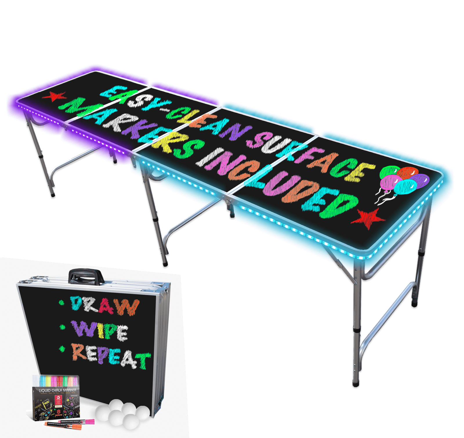 8Foot Beer Pong Table w/ Black Erasable Surface, Neon Dry Erase