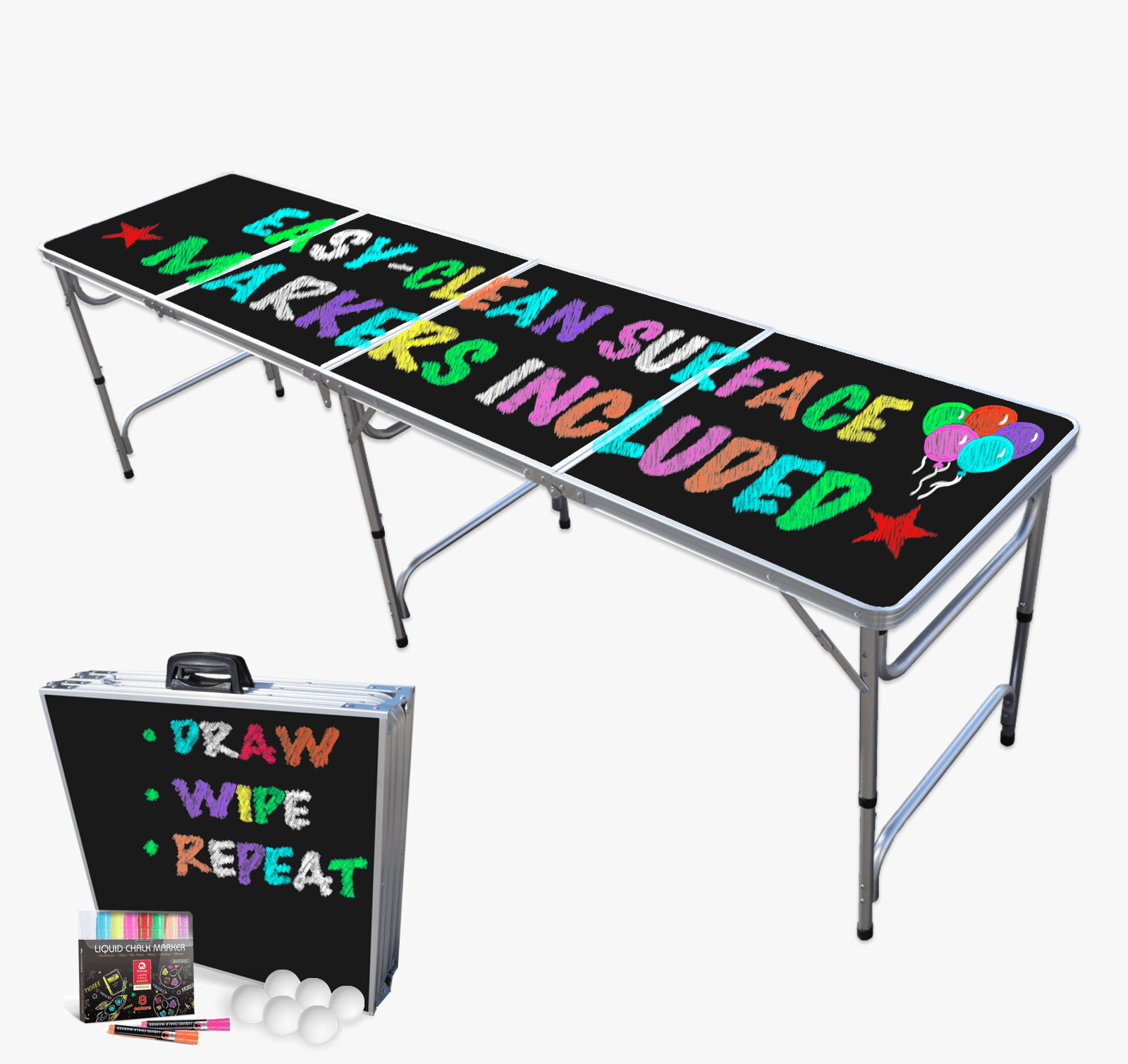 8-Foot Beer Pong Table w/ Black Erasable Surface, Neon Dry Erase Markers & Pong Balls