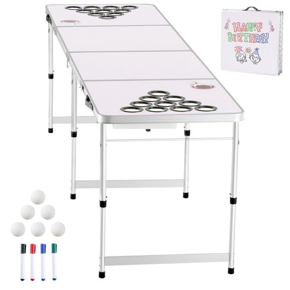 8 Foot Folding Beer Pong Table Adjustable Height Tailgate Cup Holders Carrying Handles Lightweight for Camping Office