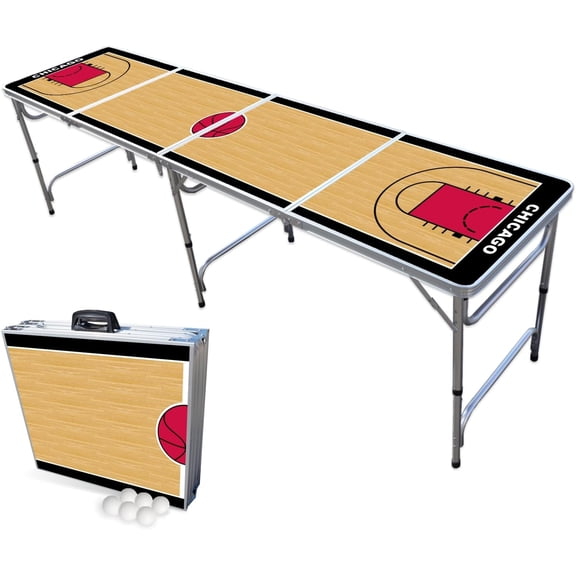 8-Foot Folding Portable Pong Table w/Optional Cup Holes & LED Lights - Basketball Court (Choose Your Model)