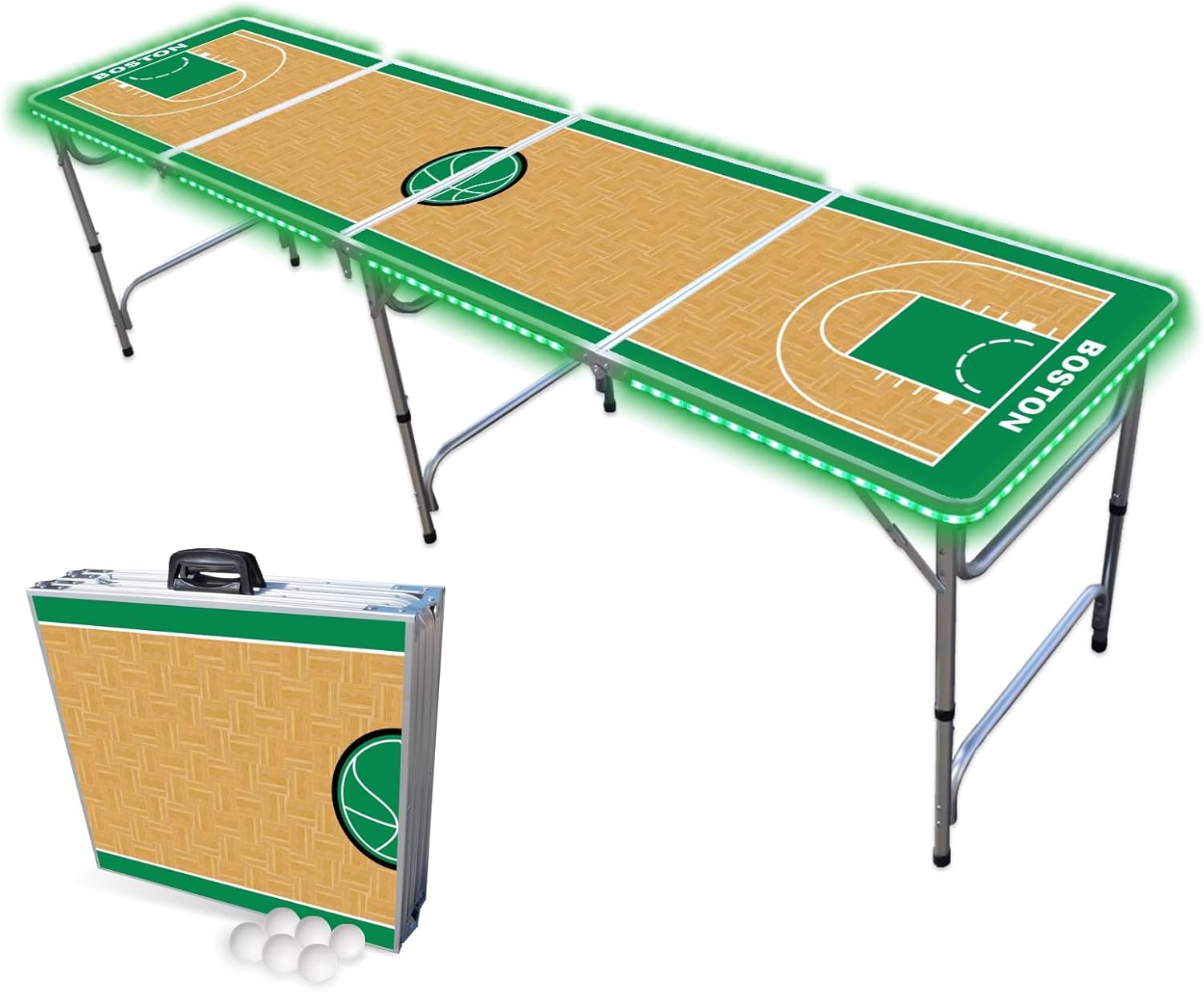 PARTYPONG 8-Foot Folding Beer Pong Table With Optional LED Lights & Cup Holes - Boston Hockey Rink Edition