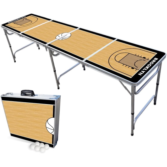 8-Foot Folding Portable Pong Table w/Optional Cup Holes & LED Lights - Brooklyn Basketball Court (Choose Your Model)