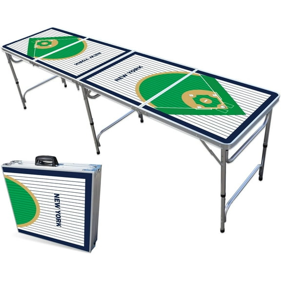 8-Foot Folding Portable Pong Table w/Optional Cup Holes & LED Lights - NY Baseball Diamonds (Choose Your Model)