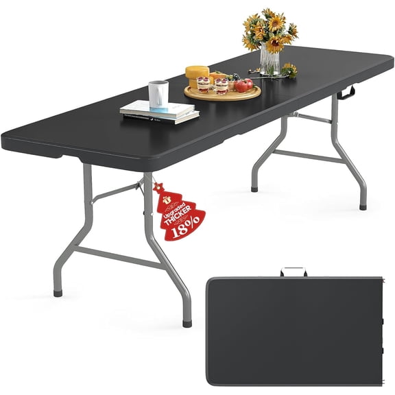 8 Foot Folding Table with Carrying Handle, HDPE Foldable Table Indoor Outdoor Heavy Duty Portable Plastic Table, Folding Tables for Picnic Camping Party, Black