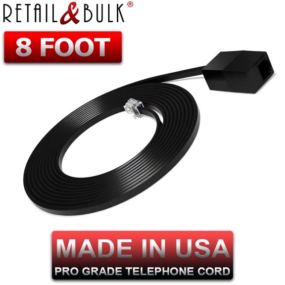 8 Foot Phone Extension Cord for Landline Telephones • High End Quality RJ11 Phone Cable • Pure Copper • 50 Micron Gold Contacts • Made in USA (Black, 8 ft)
