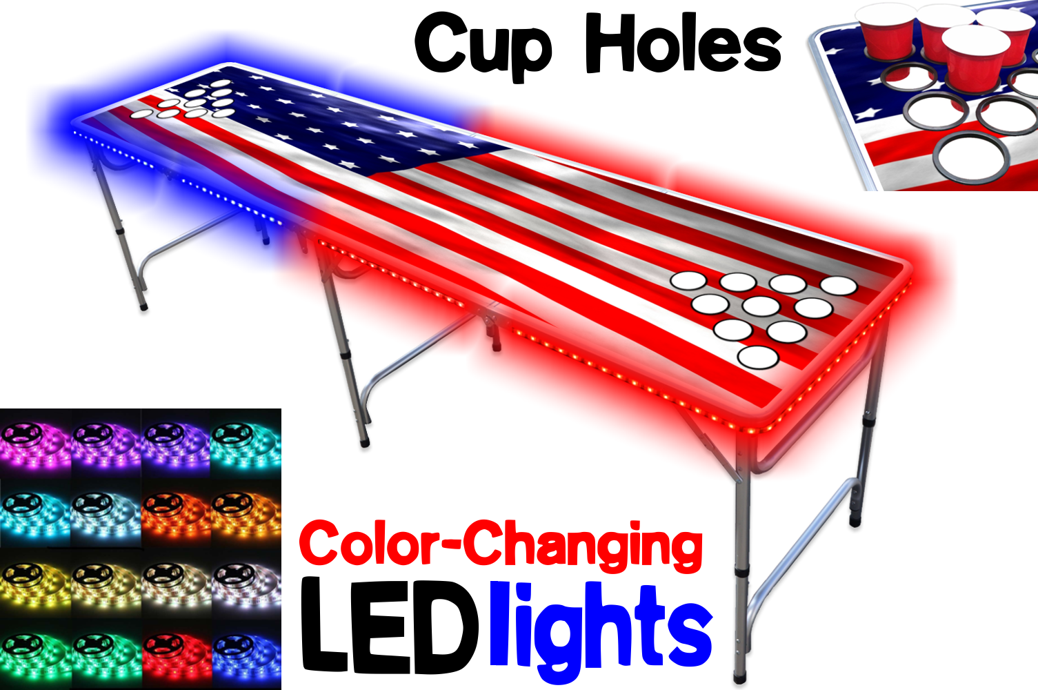 8-Foot Professional Beer Pong Table w/ Cup Holes & LED Glow Lights - America Edition