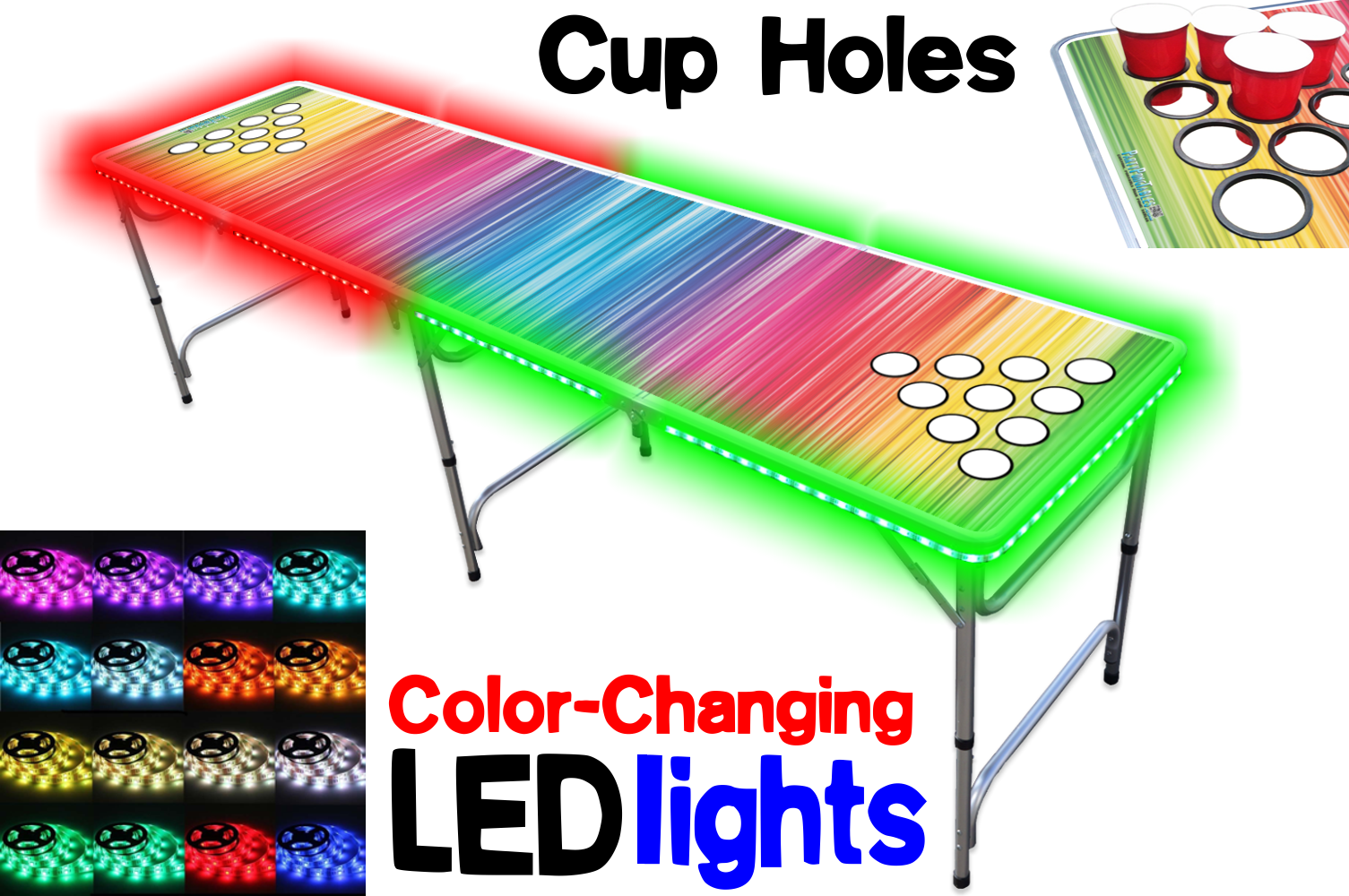 8-Foot Professional Beer Pong Table w/ Cup Holes & LED Glow Lights - Color Spectrum Edition