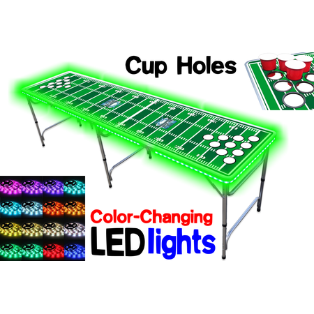 8-Foot Professional Beer Pong Table w/ Cup Holes & LED Glow Lights - Football Field Edition