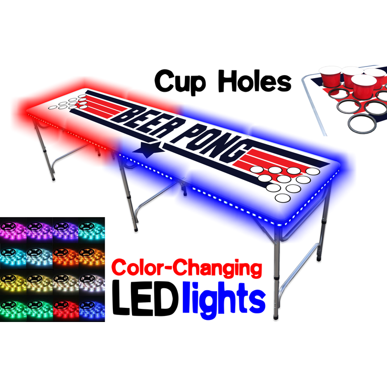 Beer Pong® - Table Beer Pong Lumineuse avec Leds Multicolores + 120 Cups + 6 Balles - Table Pliable et Transportable avec Revêtement Etanche Anti- Rayures - Homologuée Tournois de Biere Pong
