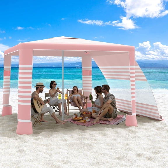 8 Foot Square Beach Cabana with Side Wall UPF 50 Plus Sun Protection Adjustable Height Wind Resistant Pink Stripe Bestseling