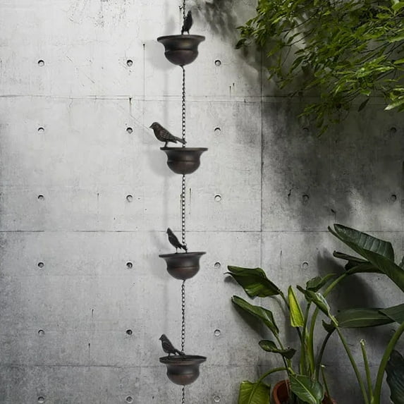 8 - Foot Vintage Bird - Decorated Rain Chain in Bronze - Elegant and Functional