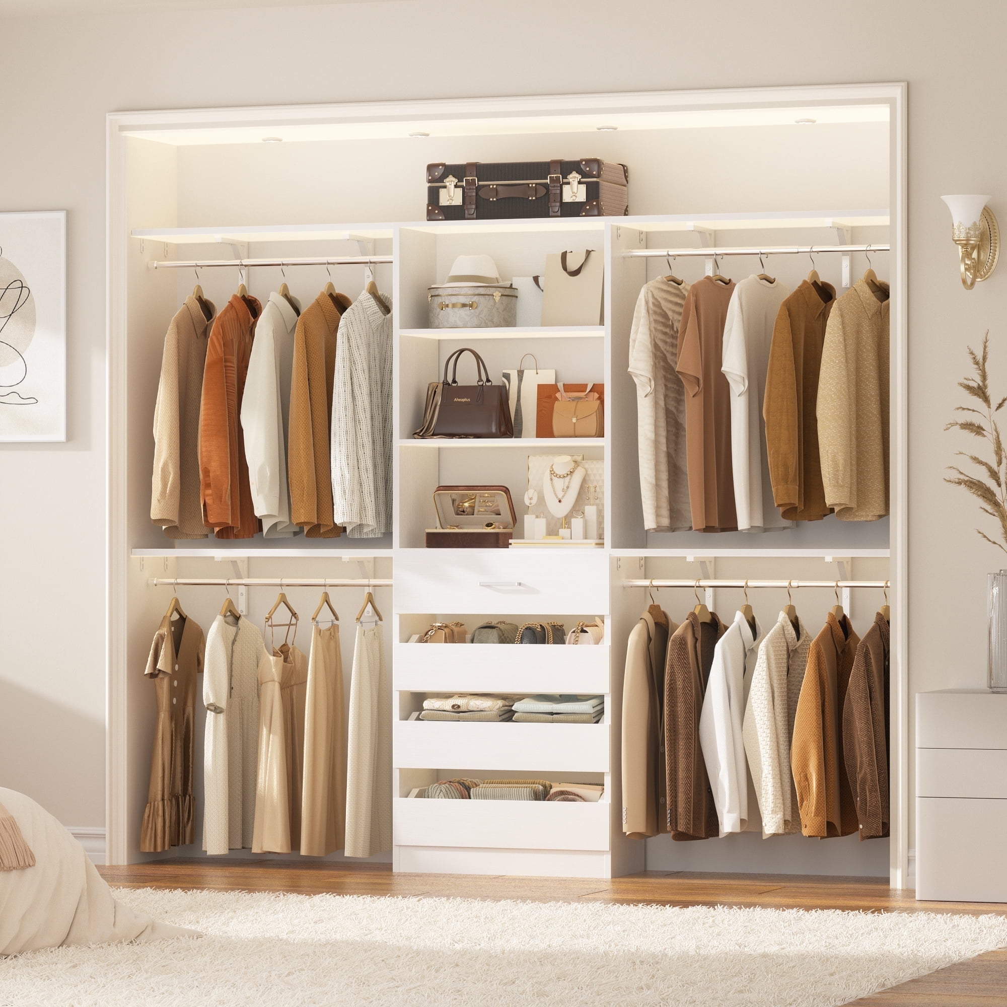 Homieasy 8FT Walk-in Closet System with 4 Wooden Drawers & 4 Hanging Rods ,96'' Wardrobe Tower, Garment Rack ,Heavy-Duty Closet Organizer for Bedroom/Laundry Room ,White