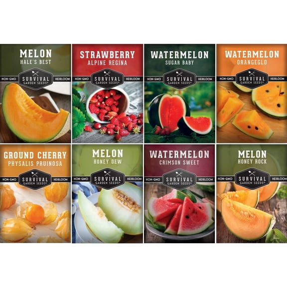 8 Variety Fruit Seeds Collection - Watermelon, Melon, Strawberry, Ground Cherry - Full Sun Annual