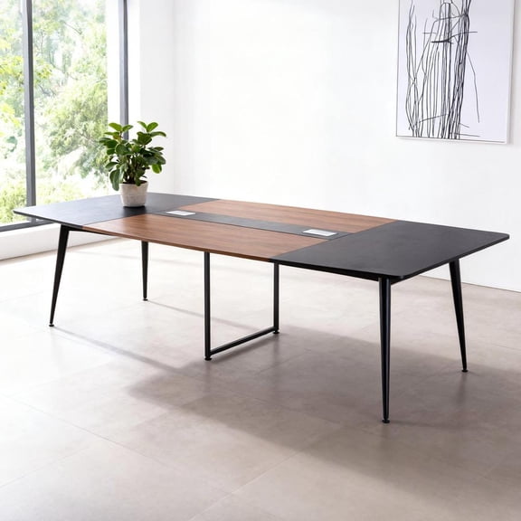 8 Ft Boat Shaped Conference Table, Office Meeting Desk for 10, Metal Legs, Black and Brown
