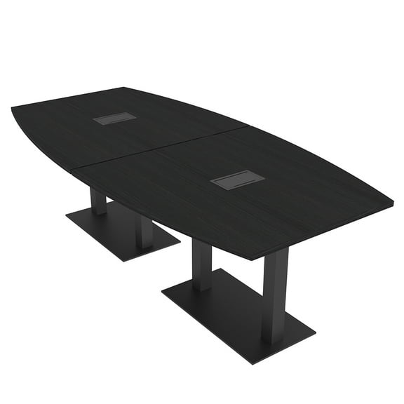 Harmony Series 8 Person Boat Shaped Conference Table with Power & Data | Matte Black Square Metal Base Modular Meeting Room Tables for Offices, Training Rooms, and Homes | Black Cypress – 8ft