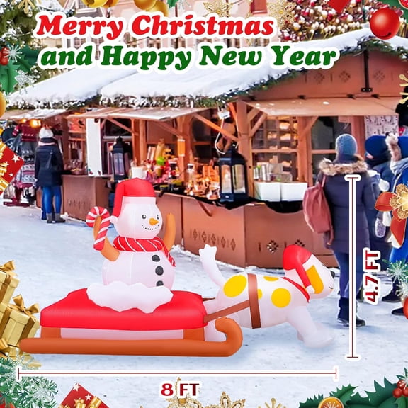 8 Ft Christmas Inflatables Decoration Snowman on Sleigh with Dog